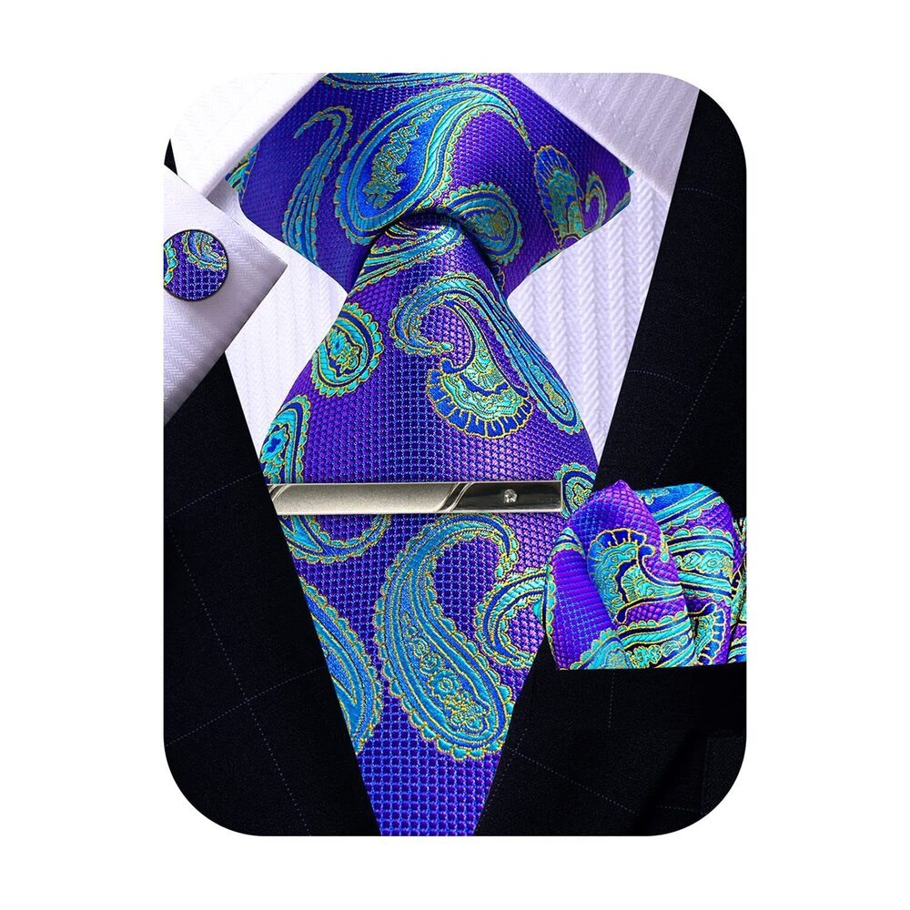 6352 Teal Paisley Tie Set , Silk Teal Purple Paisley Tie and Pocket Square